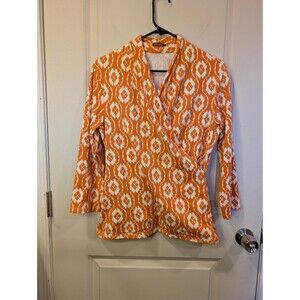 Women's J. McLaughlin Faux Wrap Long Sleeve Print Top Orange White L